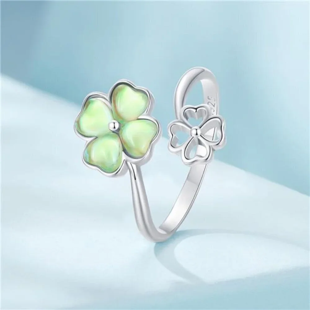 Adjustable Silver Clover Ring 925 Sterling Jewelry Fashion Comes with Good Luck